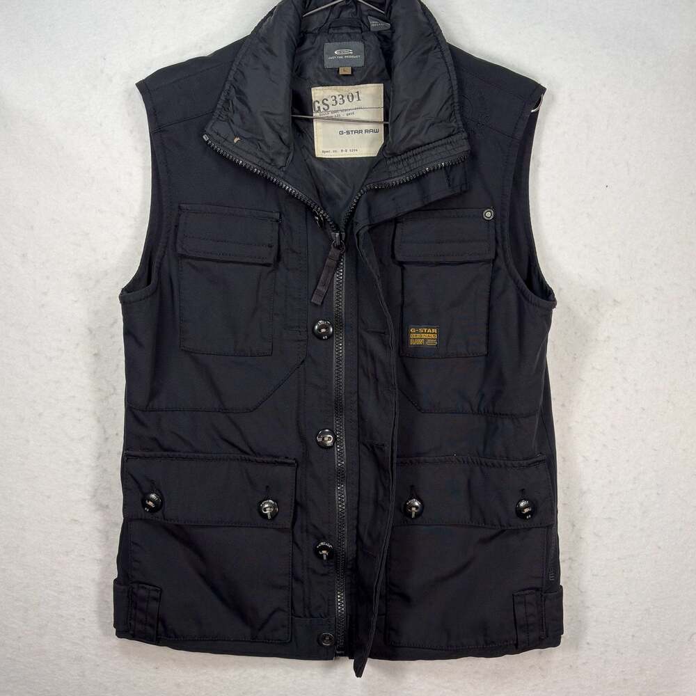 G-Star RAW Vest Mens Large GS3301 Black Tactical Utility Cargo Multi Pocket Zip
